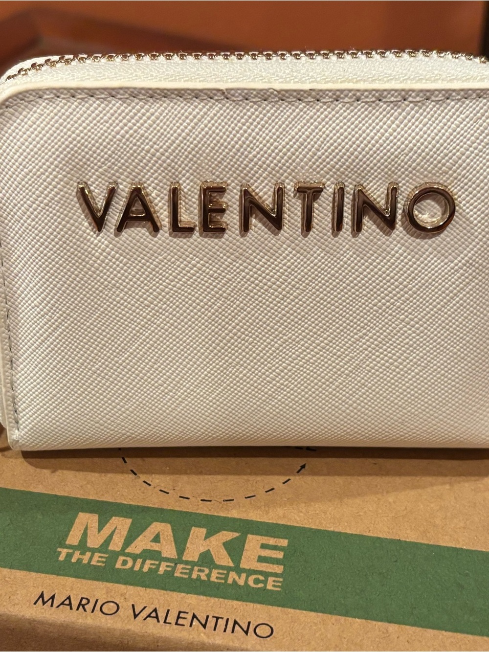 Valentino Cream Saffiano Zip Wallet with Gold Logo
